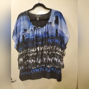 Blue and Black Cityscape Women's Top By Style & Co, Size 3X